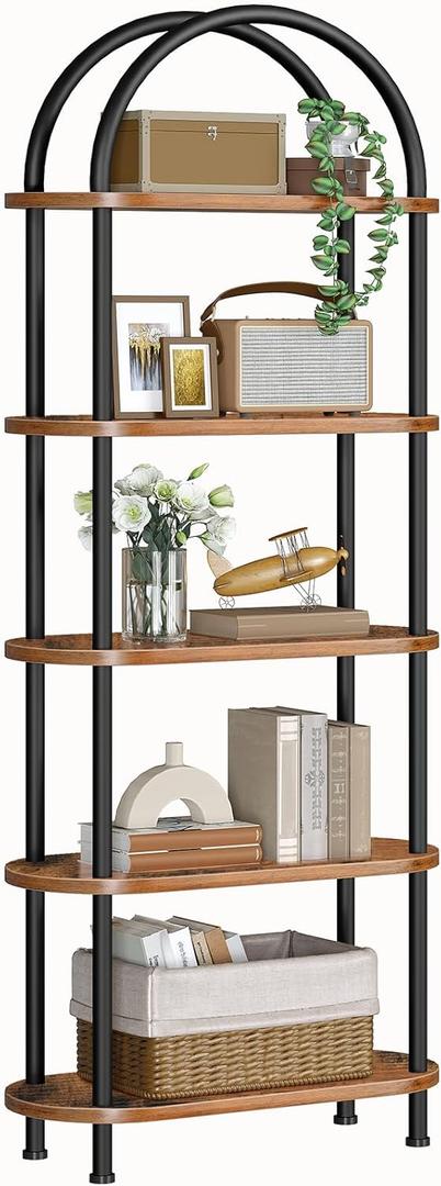 HOOBRO 5 Tier Open Bookshelf, Industrial Arched Bookcase Display Shelf Rack, Wooden Bookcase Storage Shelf Metal Frame, Tall Storage Organizer for Home, Easy Assembly, Rustic Brown BF176SJ01