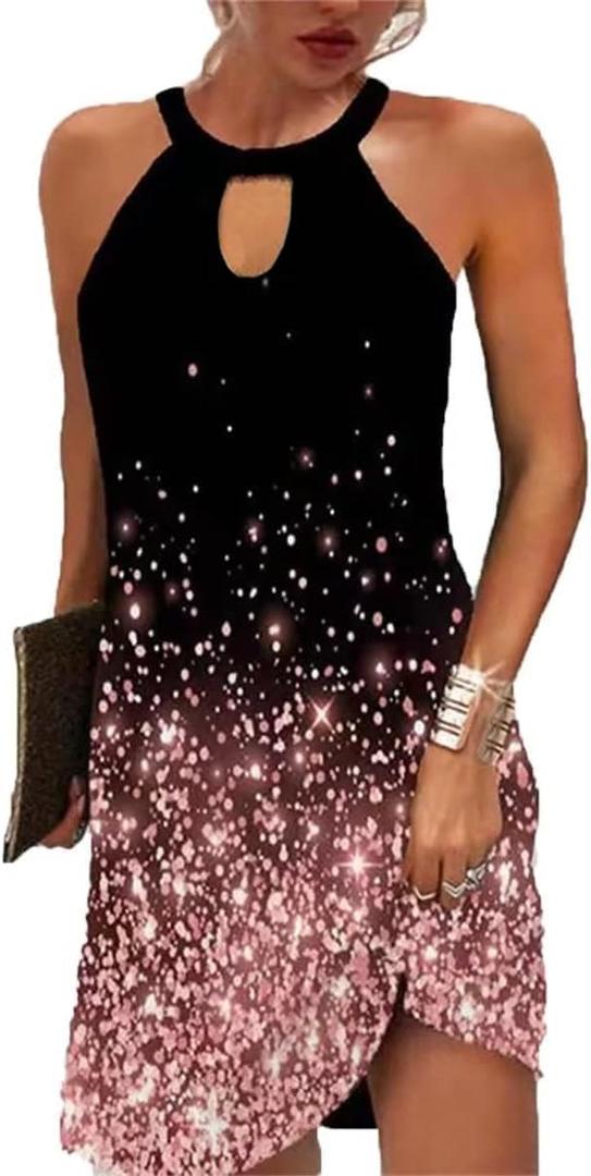 BIRW Women Summer Over The Knee Dress 2025 Casual Floral Halter Beach Vacation Sundresses with Pockets (X-Large, Black Pink Starry Sky) BIRW Women Summer Over The Knee Dress 2025 Casual Floral Halter Beach Vacation Sundresses with Pockets (X-Large, Black Pink Starry Sky)