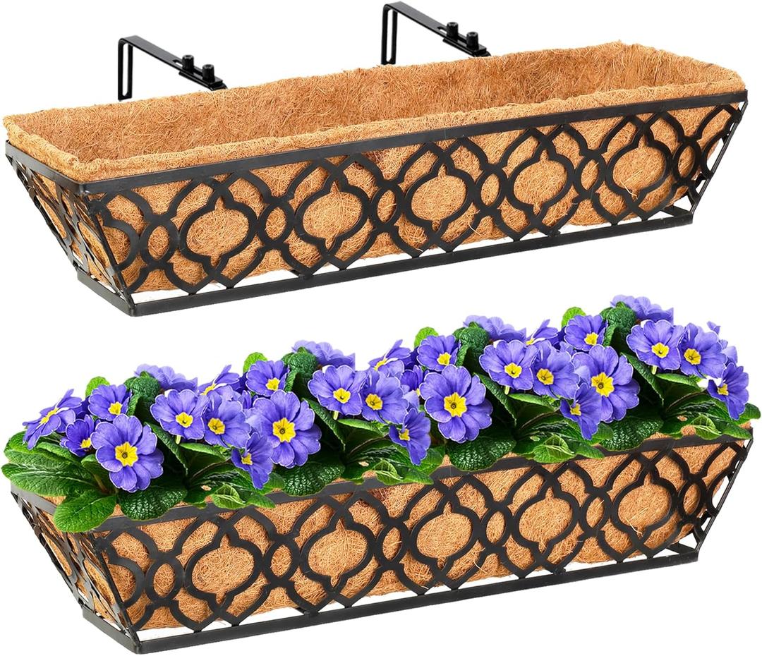 2pcs 24 Inch Window Deck with Coco Liner, 24" Window Boxes Horse Trough with Coconut Coir Liner, Metal Hanging Flower Planter Window Basket Deck Railing Planter Boxes for Outdoor Indoor Lawn