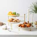 Kanwone 3 Tiered Serving Stand with White Porcelain Plates, 10" Round Tray, Dessert Table Display Set, Gold Metal Stand, Versatile & Durable