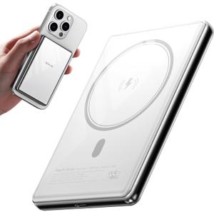 Kuulaa 10000mAh Magsafe Power Bank Ultra Slim 0.53'' Magnetic Wireless Portable Charger with USB-C Output, 20W PD Fast Charging for iPhone 16/15/14/13/12 Series, Tempered Glass Design (White)