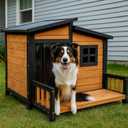 Large Dog House Outdoor Indoor for Small Medium Large Dog, Wood Insulated Dog Kennel Home with Durable Weatherproof Asphalt Roof and Elevated Floor Outside Shelter Brown 39x37x30 Inches