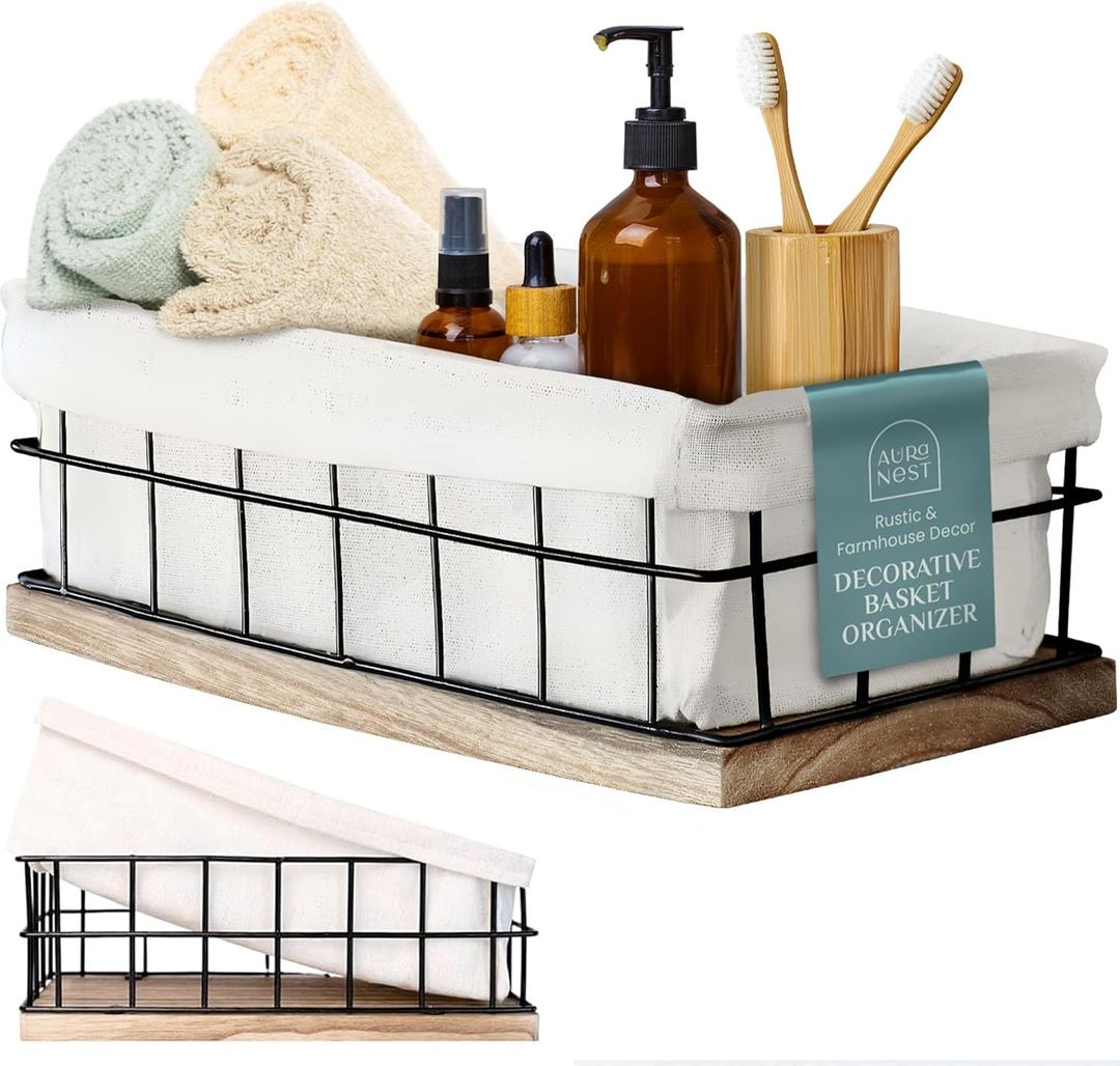 Metal Baskets for Organizing - Black Metal Basket with Liner, Wire Bin Wooden Decorative Baskets for Home Decors, Bathroom Decor Sets & Kitchen Decor, Wire Basket with Liner (Large)