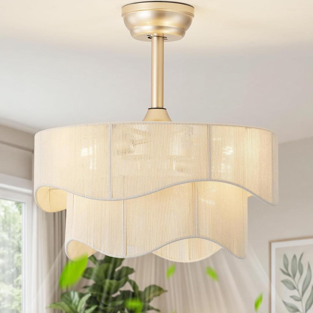 Boho Fandelier Ceiling Fan with Light, Gold Fandelier Ceiling Fans with Light Remote Control, Fabric Caged with 6 Speeds for Bedroom, Nursery, Living Room