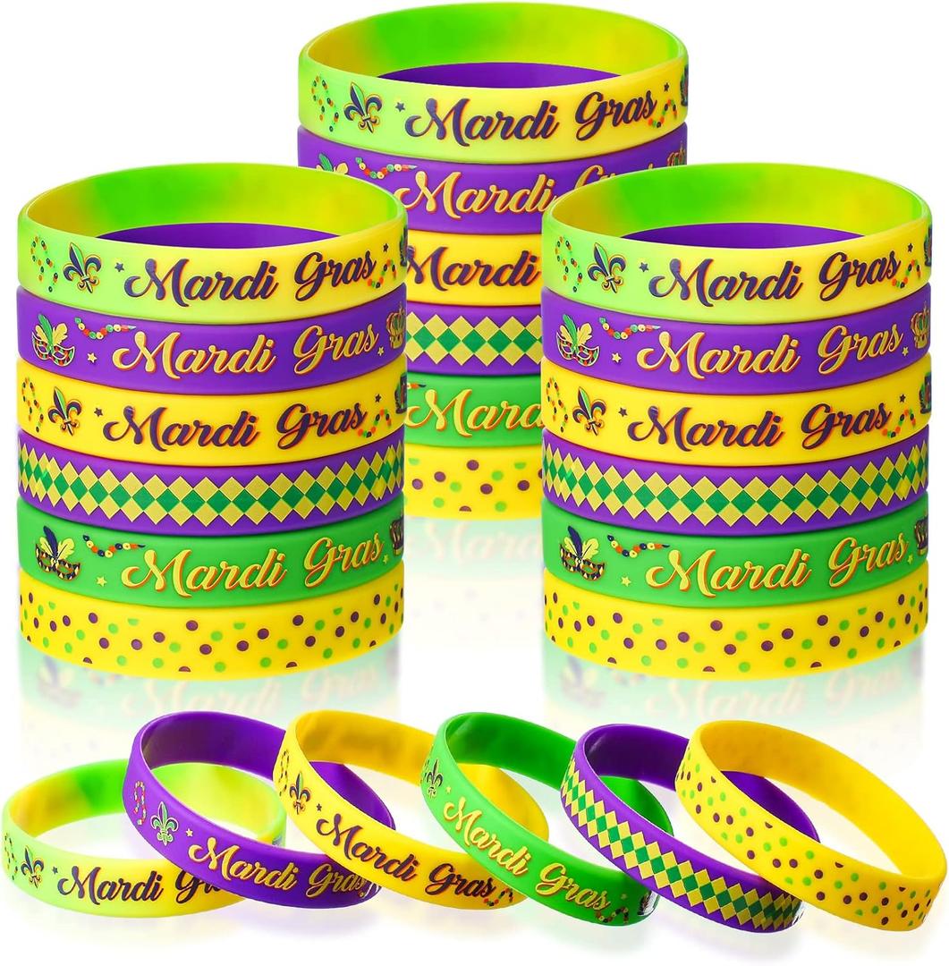 Kasyat 30 Pieces Mardi Gras Silicone Bracelets Mardi Gras Wristbands for Carnival Birthday Party Decorations Goodie Bag Stuffers Fillers Supplies