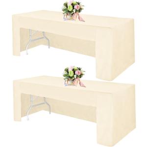 2 Pack Open Back Fitted Rectangle Tablecloths 96 x 30 Inch, Beige Table Clothes for 8 Foot Tables, Washable Polyester Fitted Table Cover for Parties, Wedding, Banquet, Trade Show (Beige, 8FT)