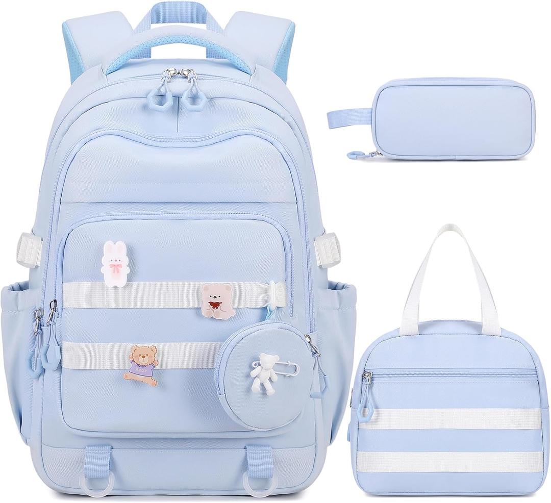 Backpacks for Girls - 4PCS Girls Backpack with Lunch Bag & Pencil Pouch Coin Pruse for Teens Kids Elementary Middle High School College Student Bookbag Daypack (Blue)