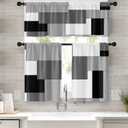Black Grey Kitchen Window Curtains Valance and Tier Set, Dark Grey White Modern Rod Pocket Short Tier Curtain, Abstract Small Cafe Drapes for Kitchen Decor 52" x 24"
