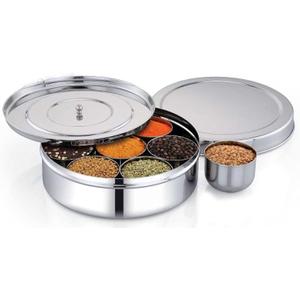 Stainless Steel Spice Box with Steel lid and 7 Containers and 1 Spoon for Home/Office/Kitchen or Multi Purpose Use Indian Masala Dabba (8 Inch)