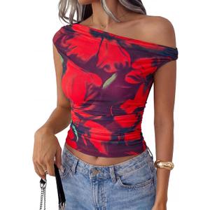 PRETTYGARDEN Women's Off Shoulder Tops 2026 Summer Going Out Crop Tank Tops Asymmetrical Floral Mesh Tight Y2K Shirts Clothes (S)