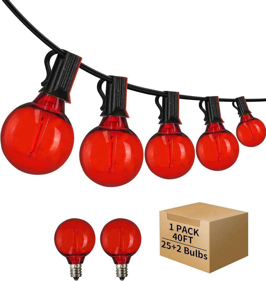 40FT LED Outdoor String Lights Waterproof, G40 Globe for Patio With 27 Edison Vintage Shatterproof Bulbs, Connectable Backyard Lighting for Garden, Bistro, Porch, Cafe (Red)