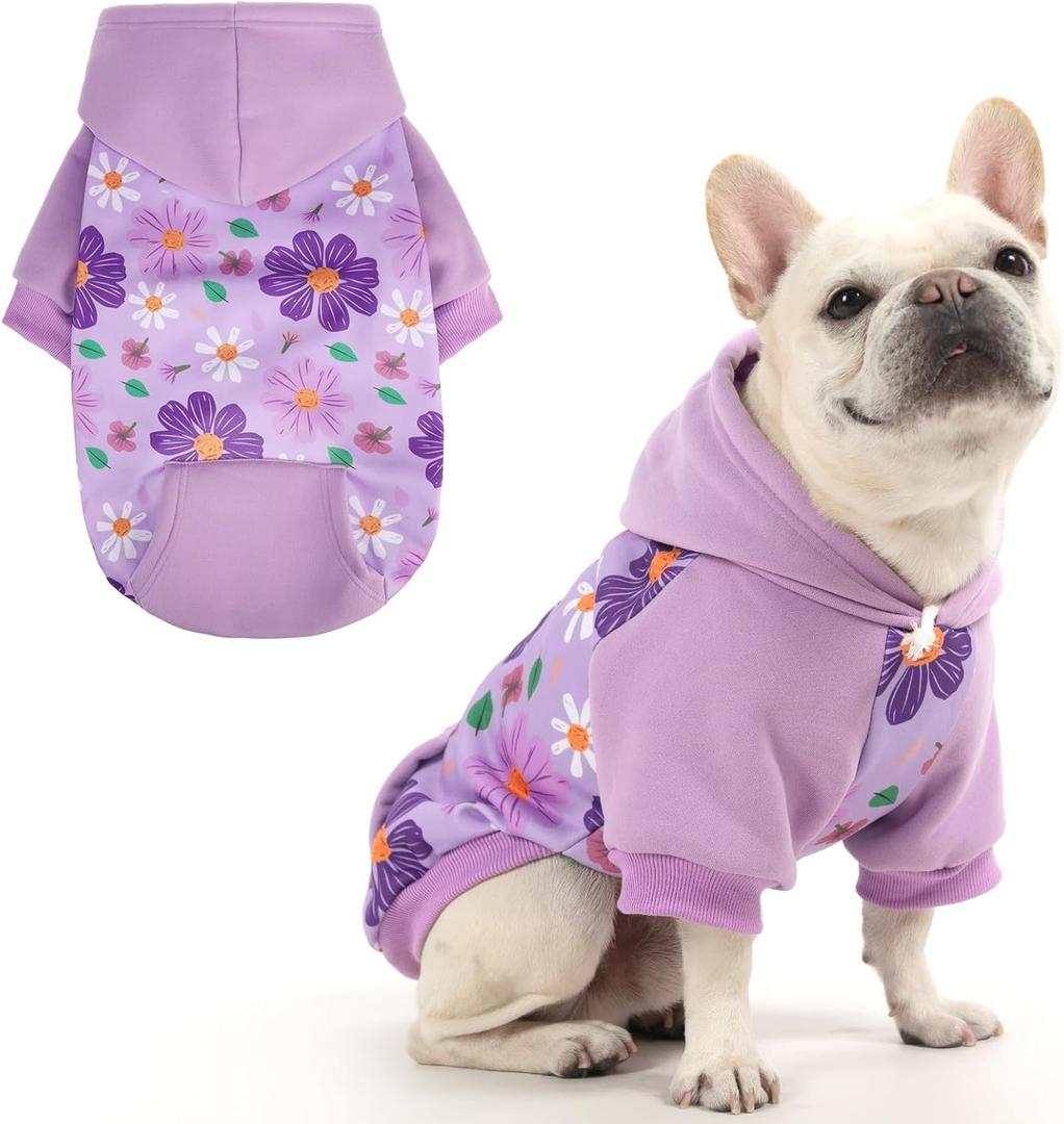 KOOLTAIL Dog Hoodies, Soft Dog Sweater, Spring Dogs Coats, Warm Fleece Pet Clothes Hooded Sweatshirt with Pocket for Dogs Cats Boys Girls, Holiday Flower Purple Medium