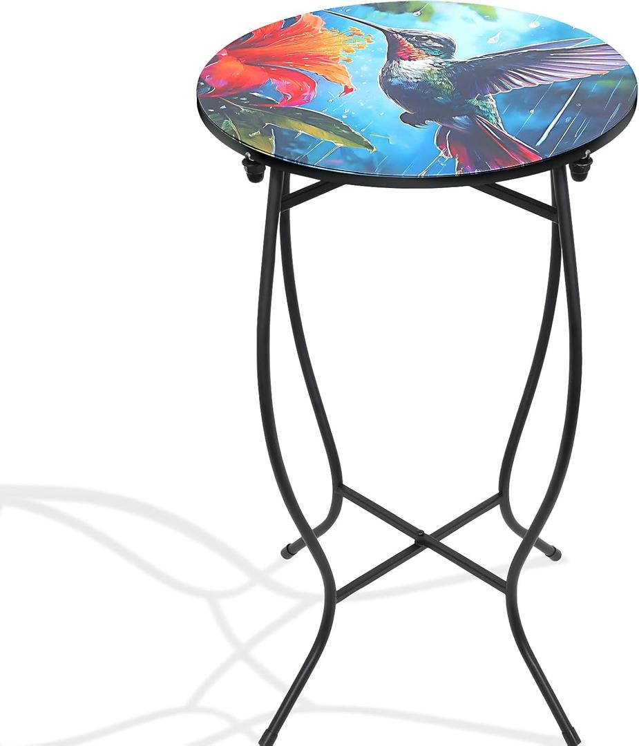 Outdoor Side Tables for Patio, 21" High Round End Table, Weather Resistant Metal Patio Accent Table Indoor and Outdoor End Table for Yard, Garden, Living Room, Bistro, Halloween (Hummingbird)