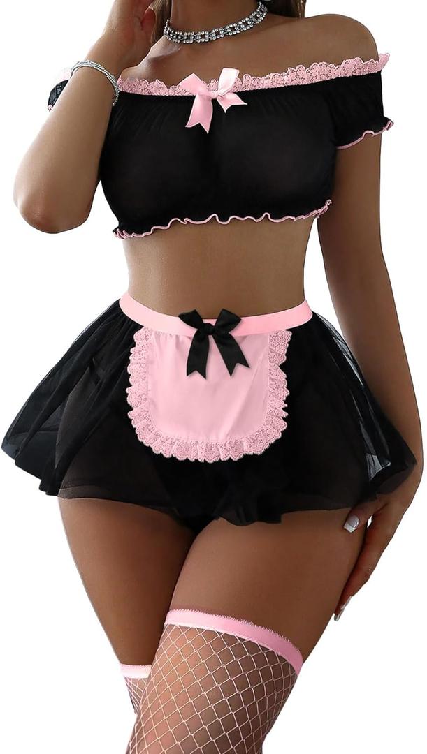 Sexy Stockings Mini Skirt Mesh Sheer Lace Halloween Costume Maid Outfit Lingerie with Thong Set 4 Piece (XL)
