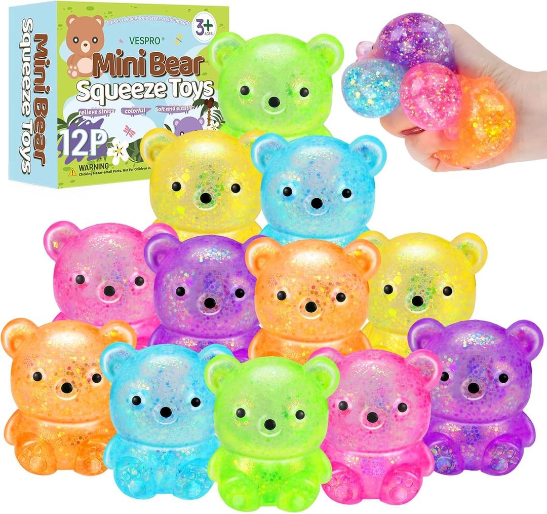 12Pack Fidget Toys Squishy Cute Bear Squeeze Ball , Stress Balls for Stress Relief, Pull Stretch Classroom Prize Party Favors Toys for Kids