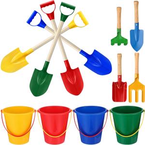 Jexine 12 Pcs Sand Buckets and Shovels for Kids Beach Sand Toys Bulk 12 Plastic Beach Buckets and 12 22 Inches Gardening Shovel with Wooden Handle Summer Toys for Boys and Girls, 4 Colors