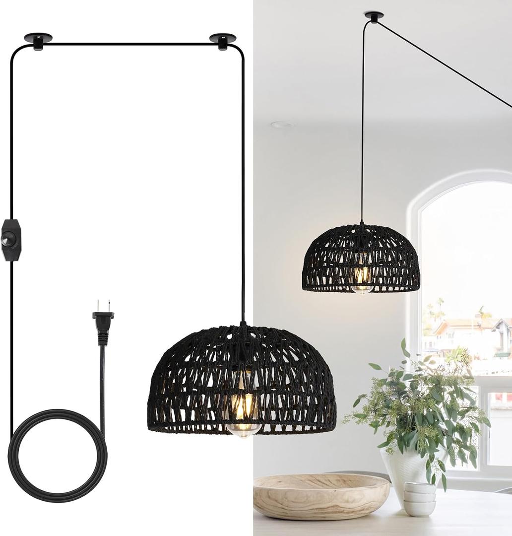 HuisMier Rattan Hanging Lamp Plug in Pendant Light, 15 Ft Hanging lamp with Wicker Woven Basket Lampshade, Dimmable Boho Hanging Lamp for Dining Room Living Room Bedroom, Black