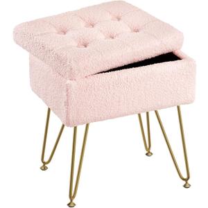 Seventable Vanity Stool Chair with Storage, Teddy Velvet Soft Ottoman, 4 Metal Legs with Anti-Slip Feet, Furry Padded Seat, Multifunctional Stool for Makeup, Footstool, Bedroom, Pink