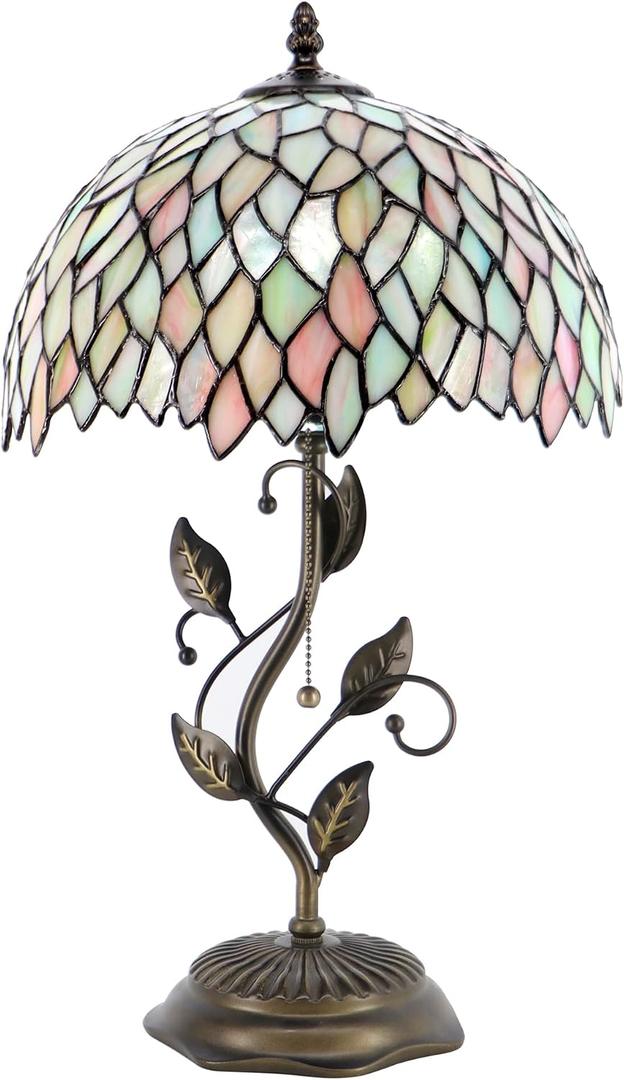 Tiffany Table Lamp, Stained Glass Style Desk Lamp, 12x12x19 Inch,Bedside Reading Light, Metal Leaf Base（Seven Color Wisteria Style