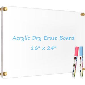 Large Clear Acrylic Dry Erase Board, 24" X 16" Golden Non-Magnetic Frameless Clear White Board for Wall, Erasable Acrylic Board for Wall, Home, Office, School, 2 Markers