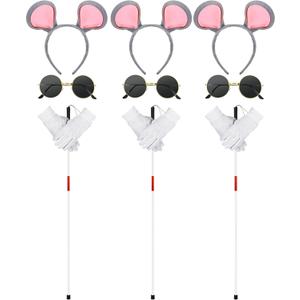 Liitrsh 12 Pcs Mouse Costume Accessories Set Mouse Headbands Round Sunglasses Folding Blind Cane White Gloves (Pink Gray Ear)