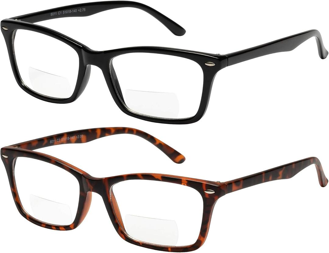 Yogo Vision Bifocal Reading Glasses 2 Pack Fashion Comfort Quality Bifocal Readers for Men and Women (Set of Shiny Black and Matte Havana)