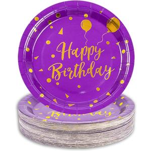 50 Pcs Purple and Gold Paper Plates,9 inch Halloween Paper Plates Disposable Happy Birthday Dessert Cake Plate Party Supplies for Halloween Fall Thanksgiving Birthday Wedding Party Decorations