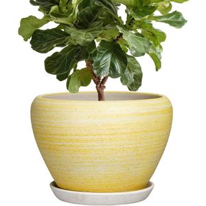 Ceramic Planter 10 Inch - Ceramic Pots for Plants Indoor Outdoor, Modern Plant Pots with Drainage Hole and Saucer, Round Decorative Planter, Bedroom Decor, Gardening Gifts, Textured Yellow