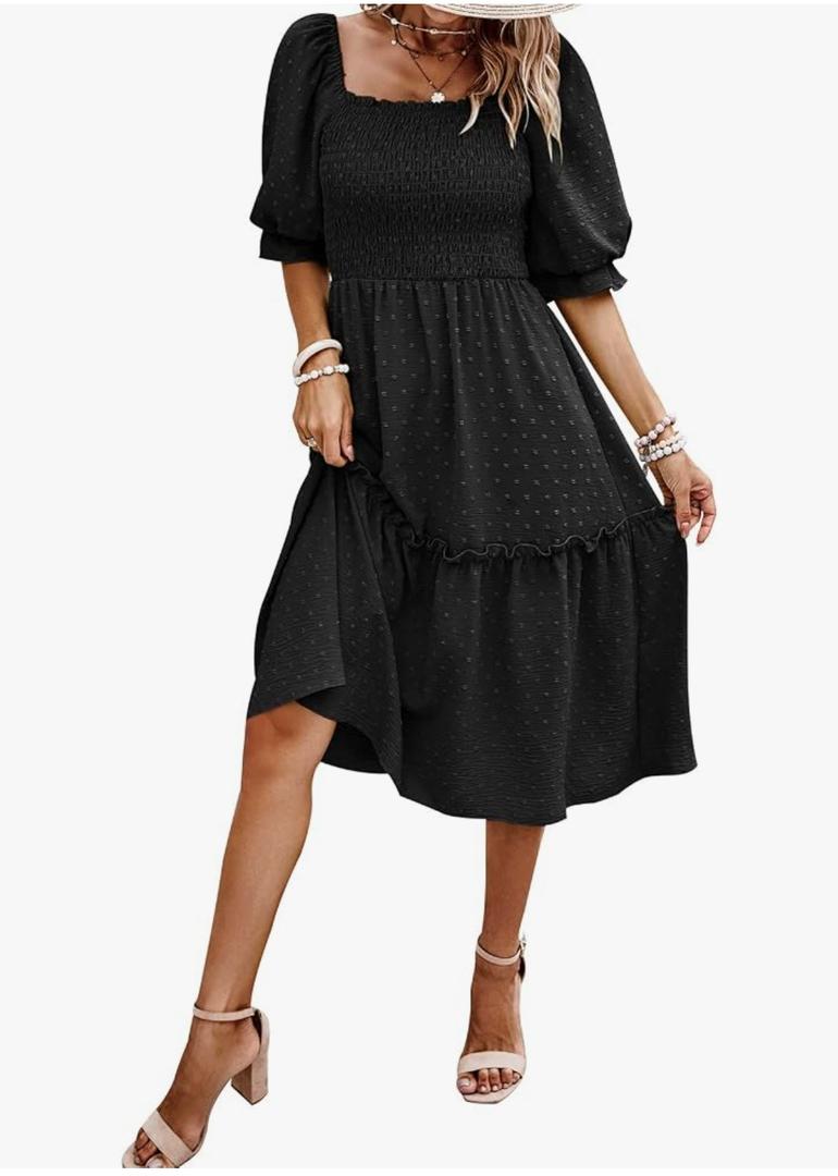 Cicidudu Women's Summer Casual Dresses 2026 Spring Puff Sleeve Square Neck A Line Flowy Boho Floral Smocked Midi Dress, 4XL Size