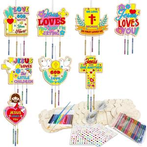 16 Pack Easter Jesus Loves Me Crafts for Kids Wooden Religious Wind Chime Crafts Kits Make Your Own Christian Crafts Wooden DIY Arts for Party School Classroom Decorations Supplies Birthday Favors