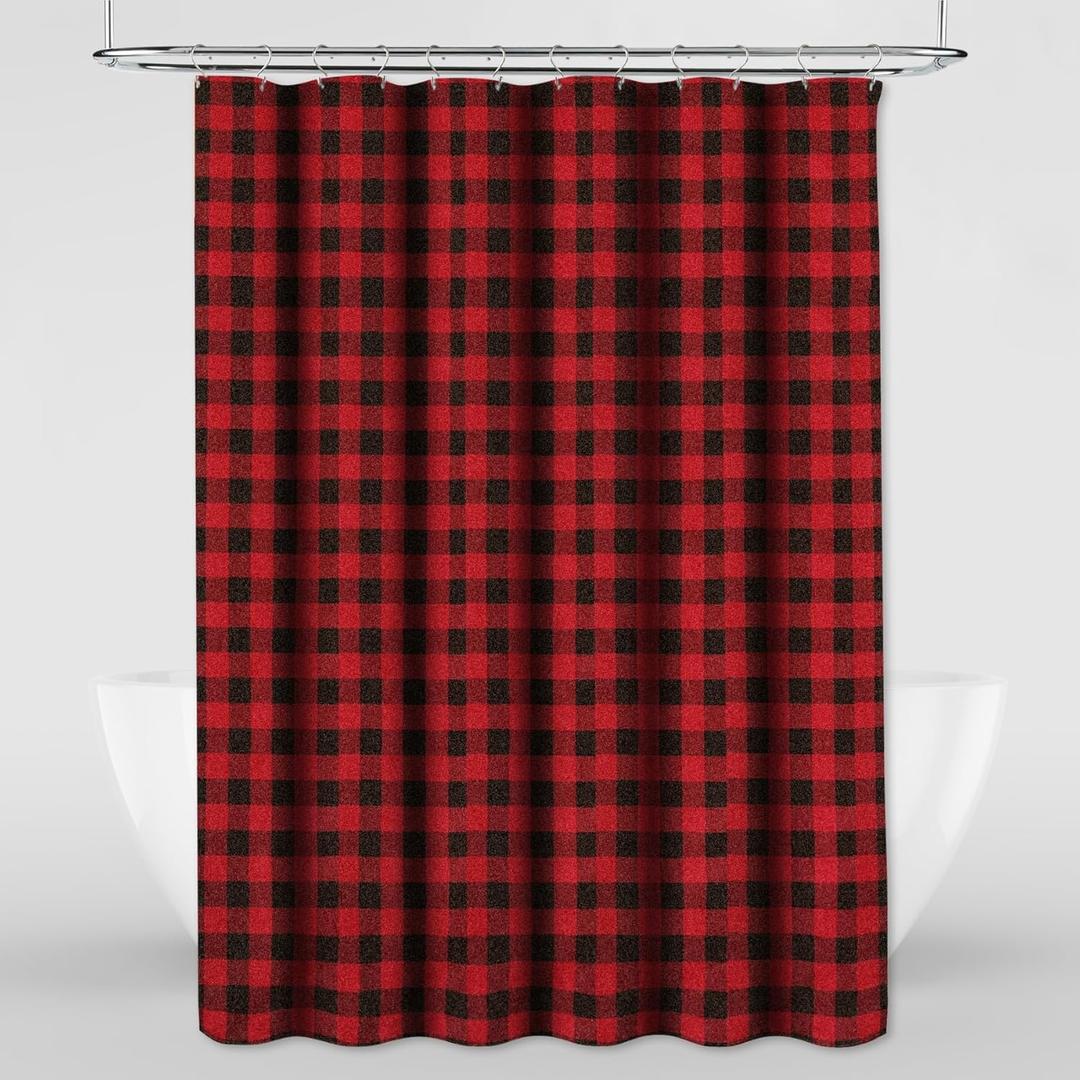 Buffalo Checker Fabric Shower Curtain Christmas Waterproof Bath Curtain Set with 12 Hooks Winter Holiday Party Decor, Red and Black, 72" x 72"