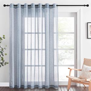 NICETOWN Linen Sheer Sliding Door Curtain 100 Inch, Eyelet Top Semi Privacy Window Treatment Light Filtering Flax Sheer Drapes for Guest Room, W100 x L84, 1 Panel, Sea Mist