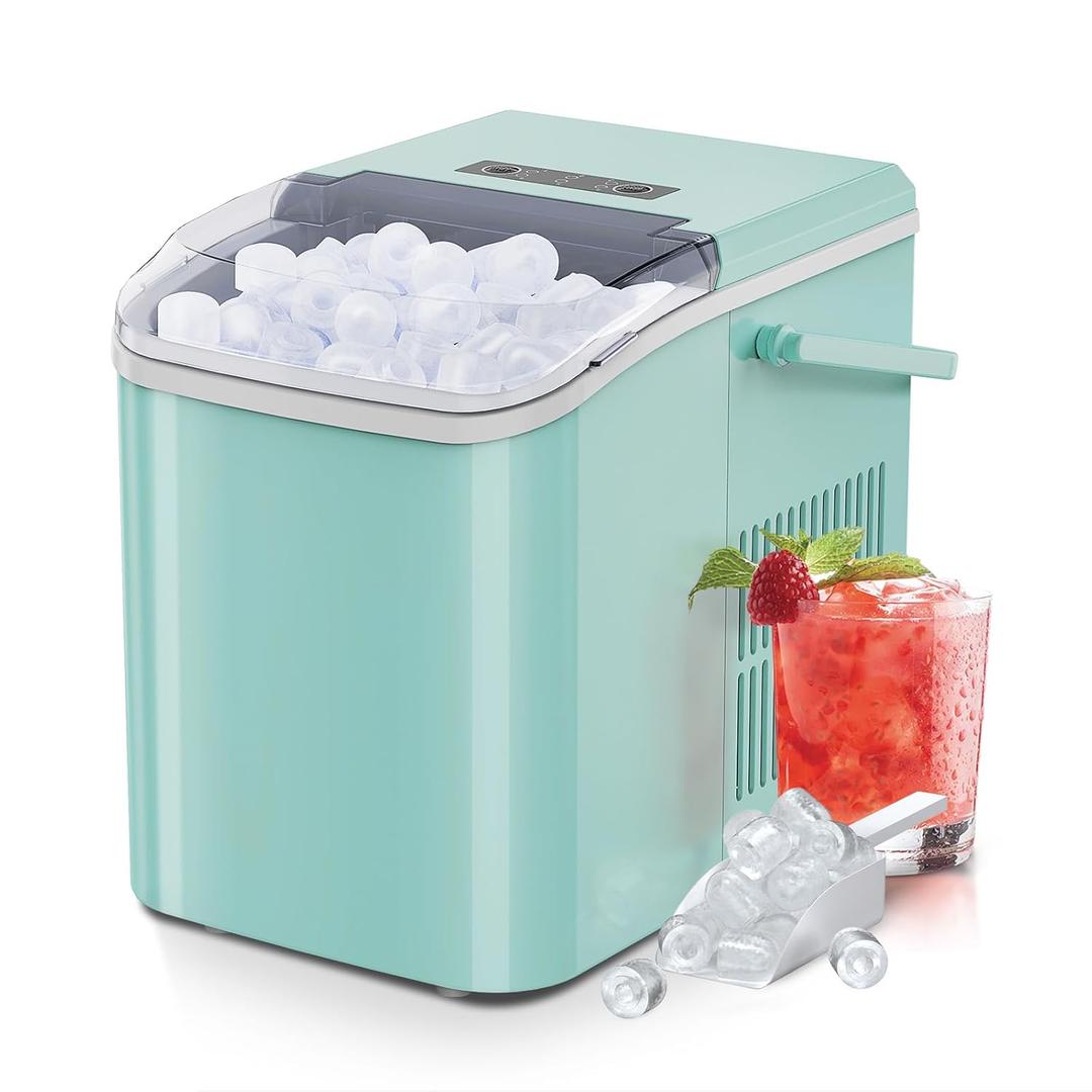 NEWBULIG Ice Makers Countertop with Handle, Portable Ice Machine, 9 Bullet Ice Cubes in 6 Mins, 26lbs in 24Hrs, Auto-Cleaning, with Basket and Scoop, for Home, Kitchen, RV, Camping, Green (12.5"*11.6"*8.8")