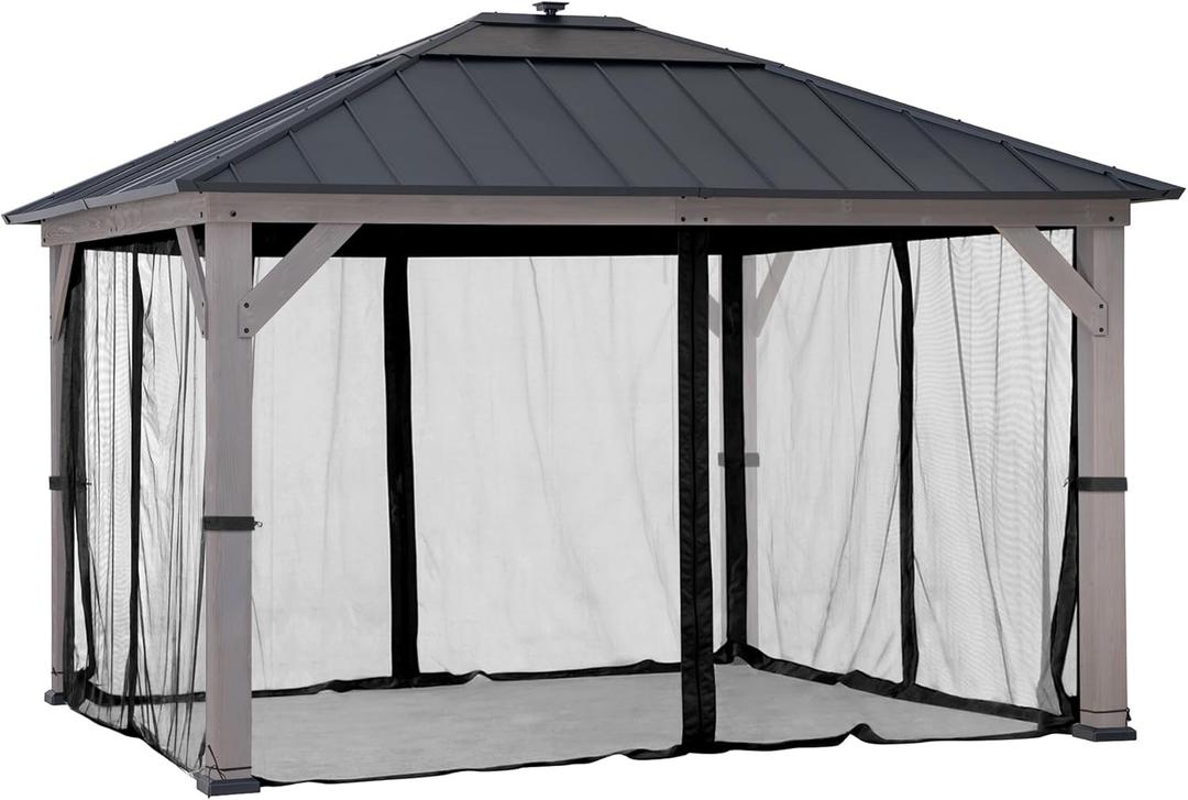 Sunjoy Mosquito Netting for 11 ft. 13 ft. Wood-Framed Gazebos, Outdoor 4-Panel Sidewall Mesh Netting Screen with Zipper, Black