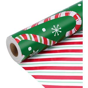 LaRibbons Reversible Green Christmas Wrapping Paper Roll, Classic Candy Cane & Red Striped Gift Wrap for Christmas, Holiday, Winter Party, 17 Inch x 33 Feet