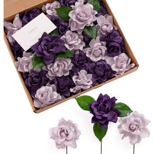 Ling's moment Flowers 25pcs Fake Gardenia Lilac & Purple Flowers Artificial Flowers with Stem, Fake Flower for DIY Wedding Decorations Centerpieces Bouquets Boutonnieres (Pur-violet Nocturne)