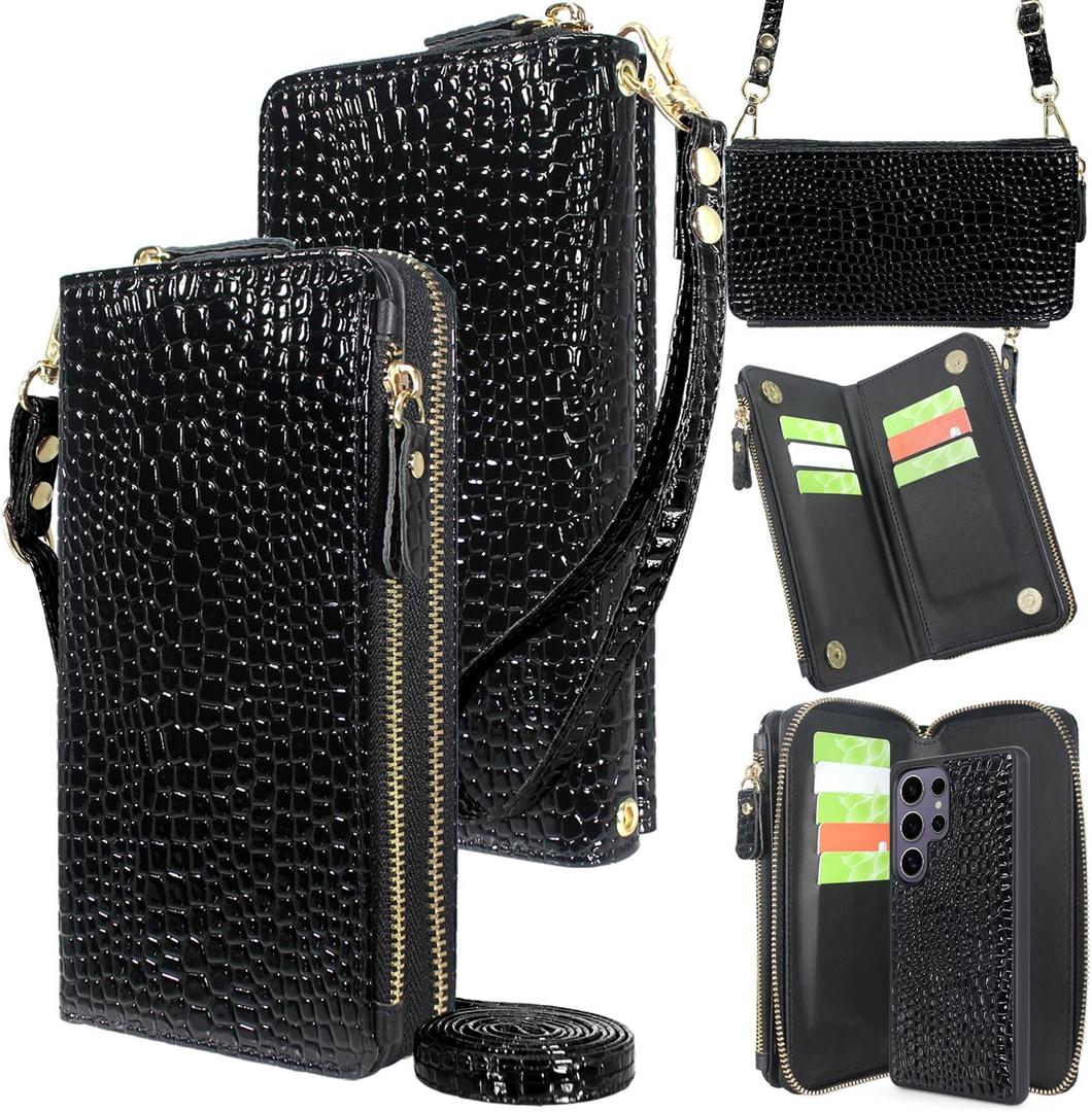 Harryshell Compatible with Samsung Galaxy S25 Ultra Case Wallet Detachable Phone Cover Dual Zipper [11 Card Slots] with [ RFID Blocking ] Crossbody Wrist Strap (Crocodile Black)