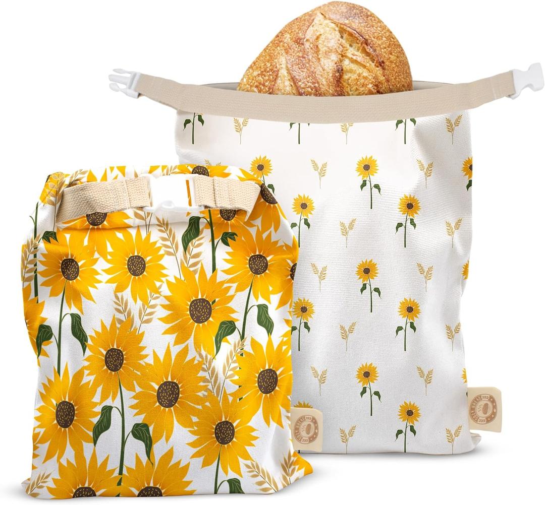 Cozy Bread Reusable Bread Bag Set for Home Bakers | USA Brand | Charming Designs (Sunflower)  12"W x 17"H
