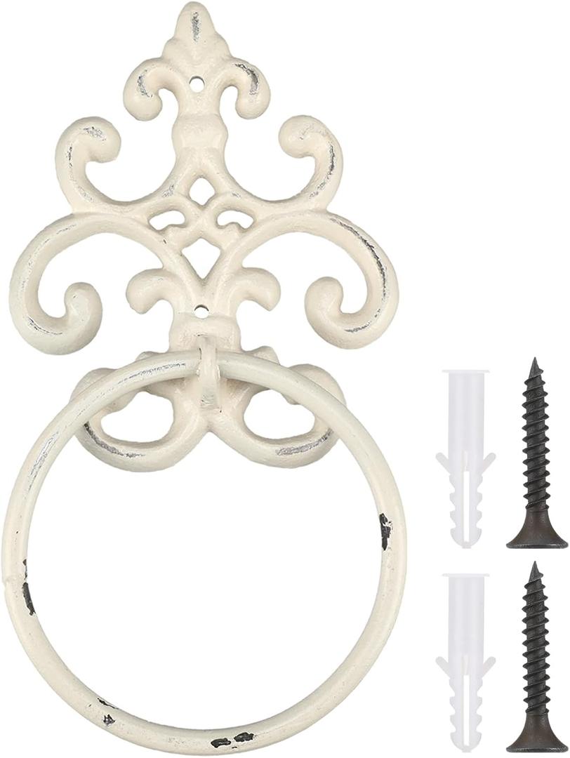 1 Pcs White Vintage Cast Iron Solid Towel Ring Fleur De Lis Design Antique Towel Holder for Bathroom Kitchen Accessories Wall Mounted Christmas Party Gifts (8.5 x 4.7 Inches)