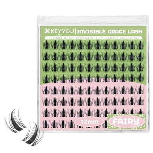 KEYYOU Fairy Lash Clusters 96Pcs D Curl 12MM Manga Lash Extension Eyelash Extension Wispy Natural Invisible Band Lash with Waterproof DIY Lash Extension at Home(Fairy-D-12MM)