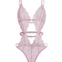 RoseSeek Women's Lace Mesh Floral Bodysuit Cut Out Backless Body Suit Lingerie Outfits Pink Small