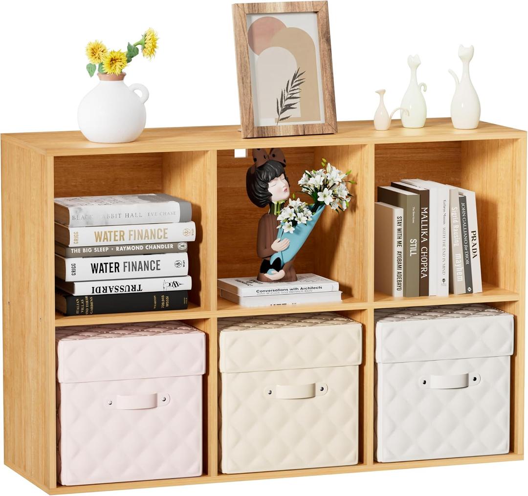 Wood 6 Cube Storage Organizer, 11 in Cube Shelf, Oak Cubby Storage Organizer with Back Panel & Open Compartments, Vertical or Horizontal Cube Bookshelf Bookcase for Living Room, Bedroom, Entryway