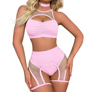 Women Rave Outfits Cutout Fishnet Top Booty Shorts Bottom Choker 3Pcs Babydoll Nightwear Festival Lingerie (Medium, Light Pink)