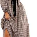 Women Plaid Maxi Dress Long Puff Sleeve Square Neck Flowy Boho Dress Bow Tie Smocked Fall Dresses (Small, Brown)