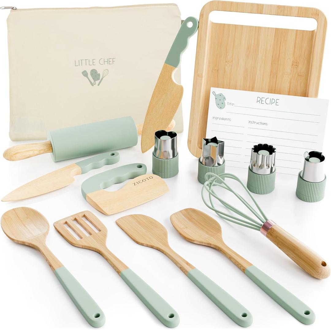 Wooden Cooking & Baking Set for Kids - Safe & Real Kitchen Tools Give Toddlers a Fun Cooking Experience - Durable Utensils are Perfect for Gifting to Create Lasting Family Memories