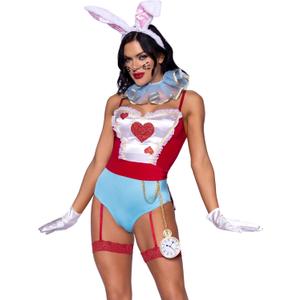 Leg Avenue Women's 4 Pc Wonderland White Rabbit Costume with Bodysuit, Neck Ruffle, Headband, Tail, Small