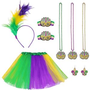 Mardi Mardi Gras Costume Accessory Set Faux Feather Headband Necklaces Earrings Bracelets Bowknot Skirt for Women Mardi Gras Theme Parties Green