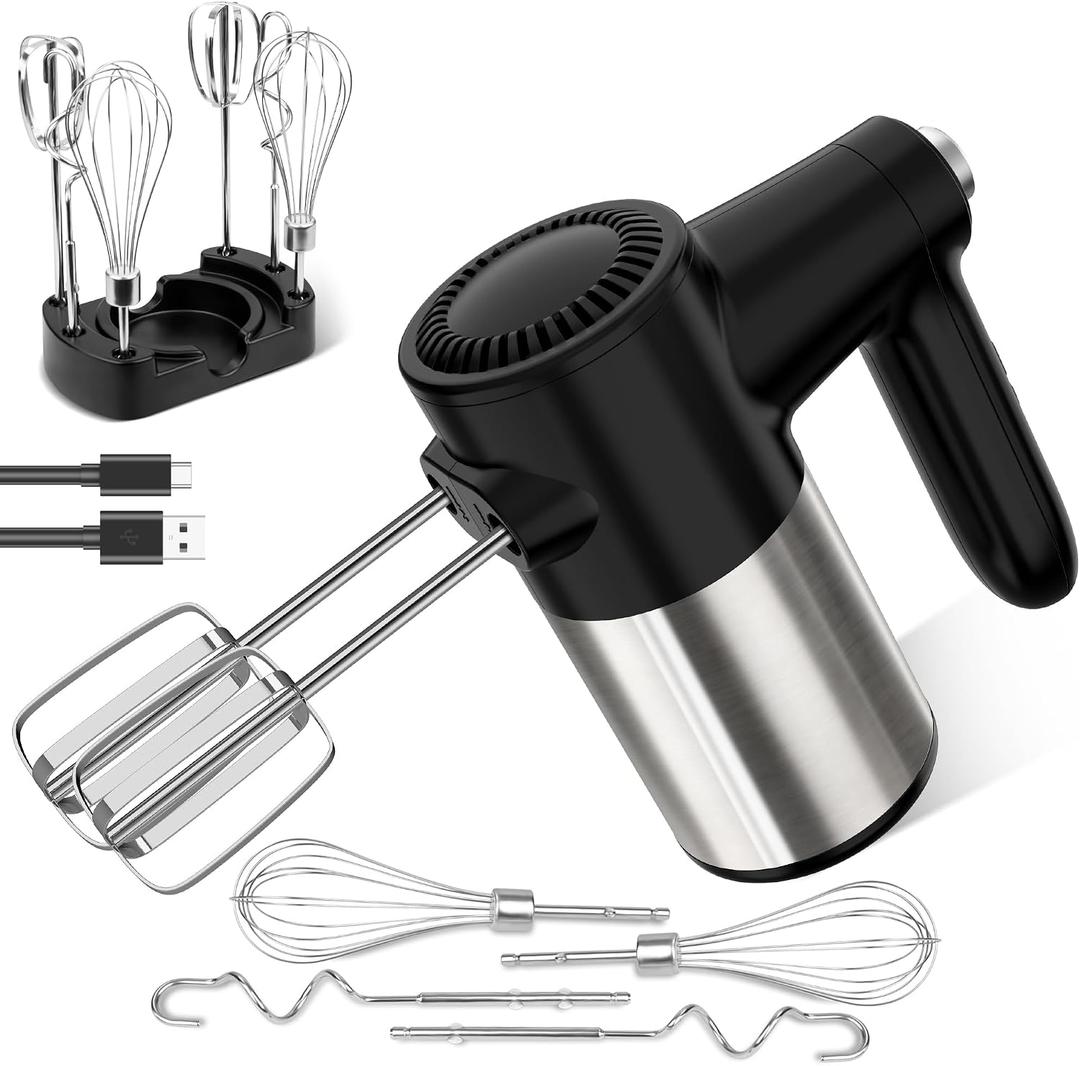 Cordless Electric Hand Mixer, 7 Speed Rechargeable Wireless Handheld Mixer with Eject Button, Long Battery, Quiet Anti-Splash, 6304 Stainless Steel Attachments & Storage Base for Baking (Black)