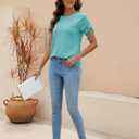 Womens Summer Casual Short Sleeve Tops Crew Neck Pleated T Shirts Blouses Drawstring Cap Sleeve Tee Tunic 2025 (Blue, M)