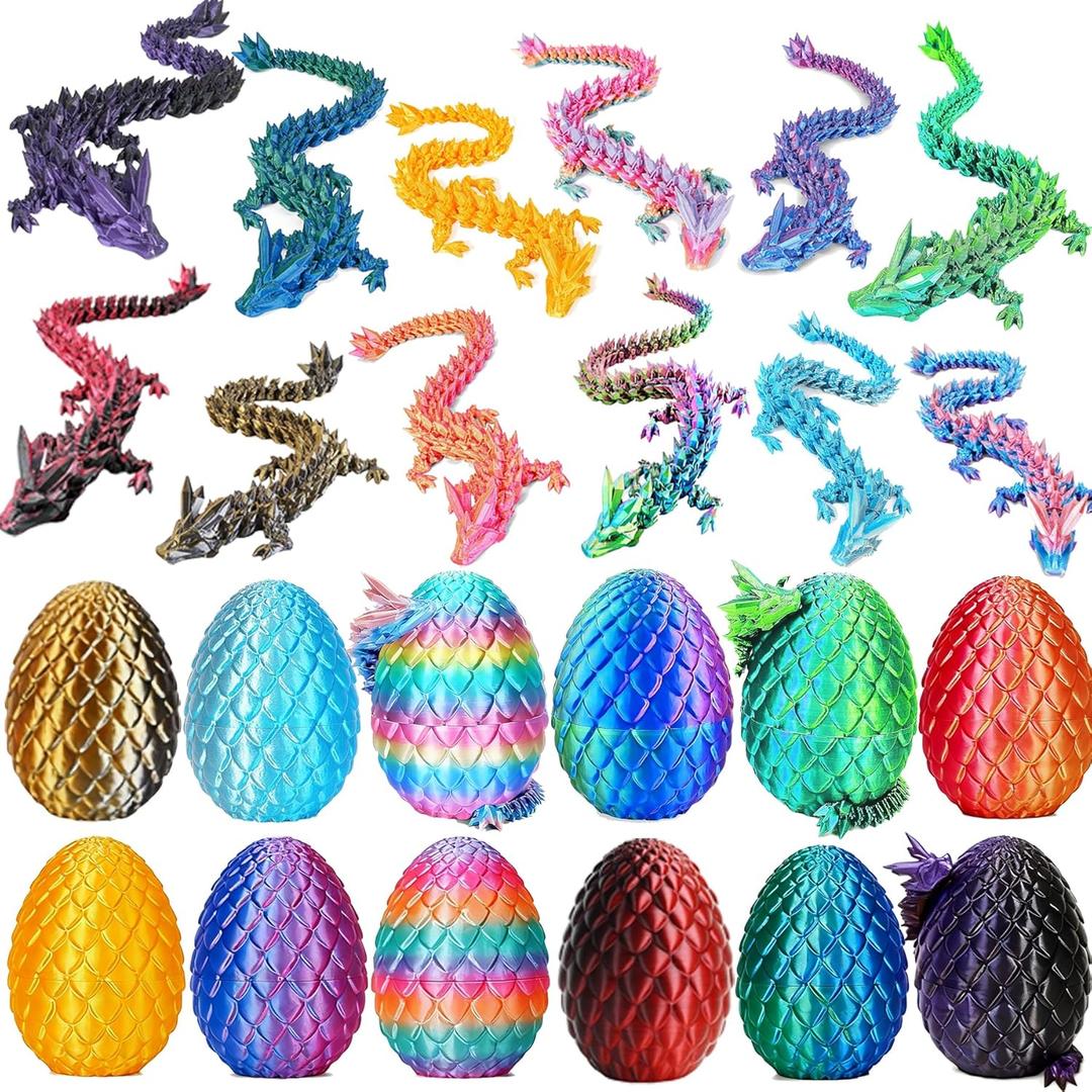 12PCS 3D Printed Dragon Eggs with Dragon Inside–Fantasy Tabletop Decor, Realistic 3D Printing Animals Toys– Desktop Decoration Collectible– Easter Basket Christmas & Stocking Stuffers(Random Colorful)